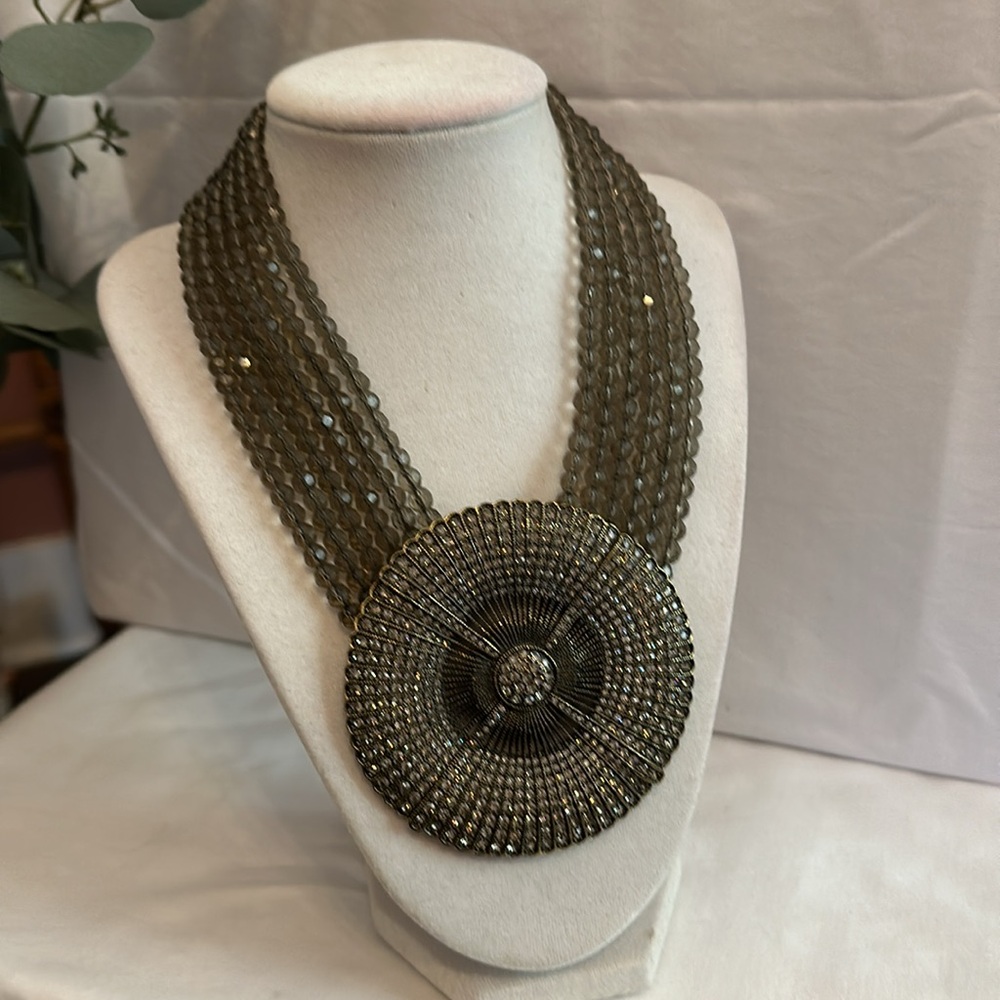 Heidi Daus beaded smoky quartz 6 strand Belgium Disc pendant choker necklace